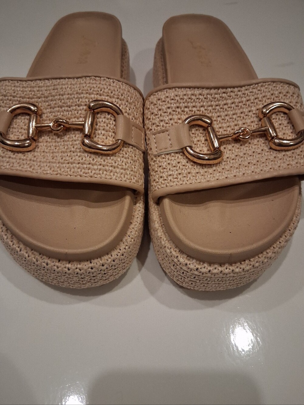 Woven Slide Sandals with Gold Bit Accent - Beige